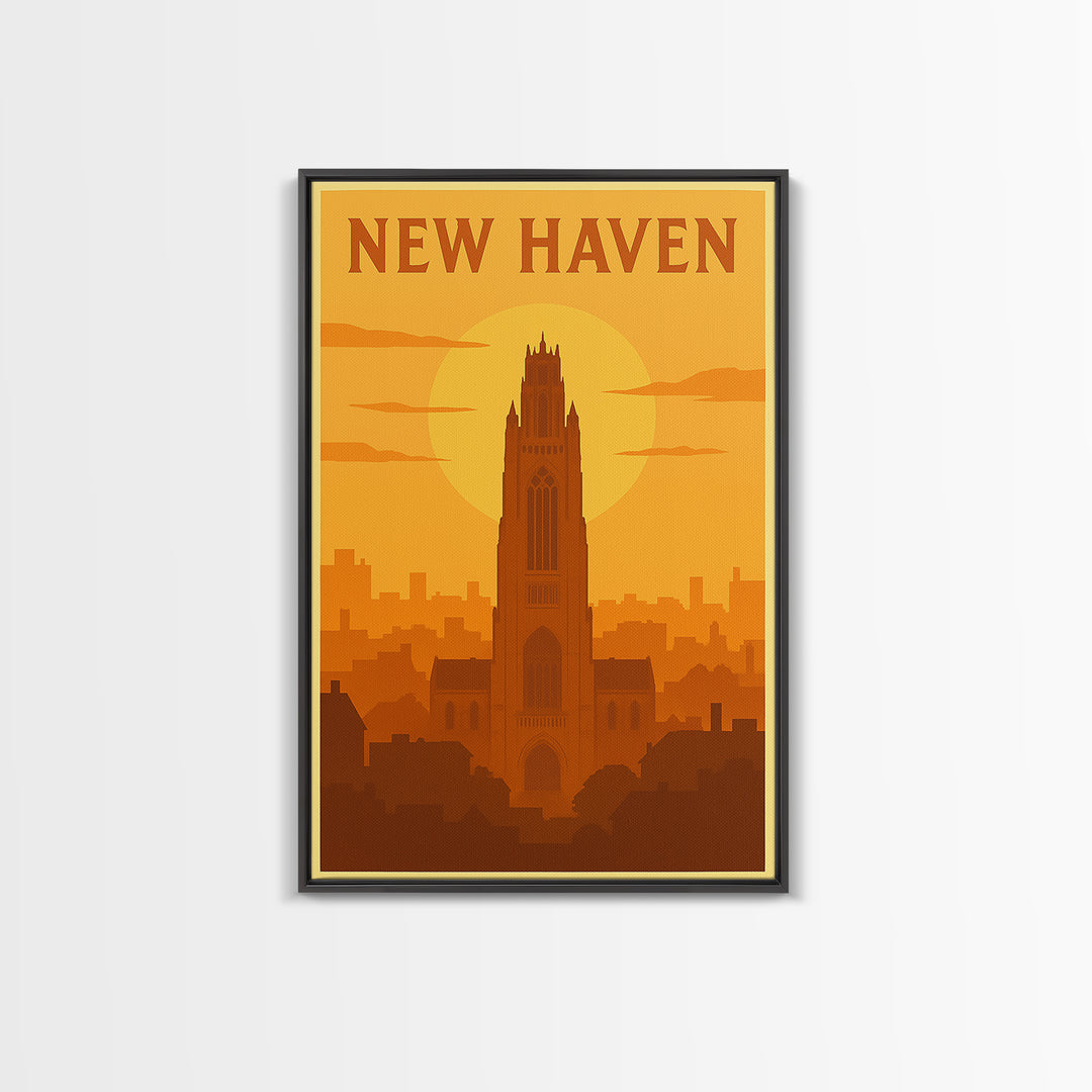 New Haven Connecticut Travel Poster, Framed Canvas Print, Gold Art Deco Poster Art, New Haven City Art, Travel Wall Art, Vintage City Poster