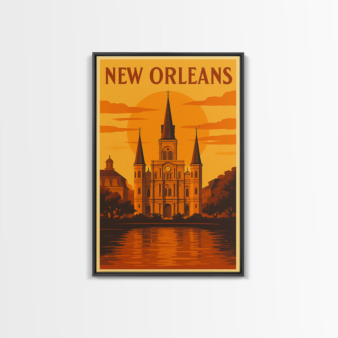 New Orleans Travel Poster, Framed Canvas Print, Golden Travel Poster Art, New Orleans Art Print, Travel Wall Art, City Art Print