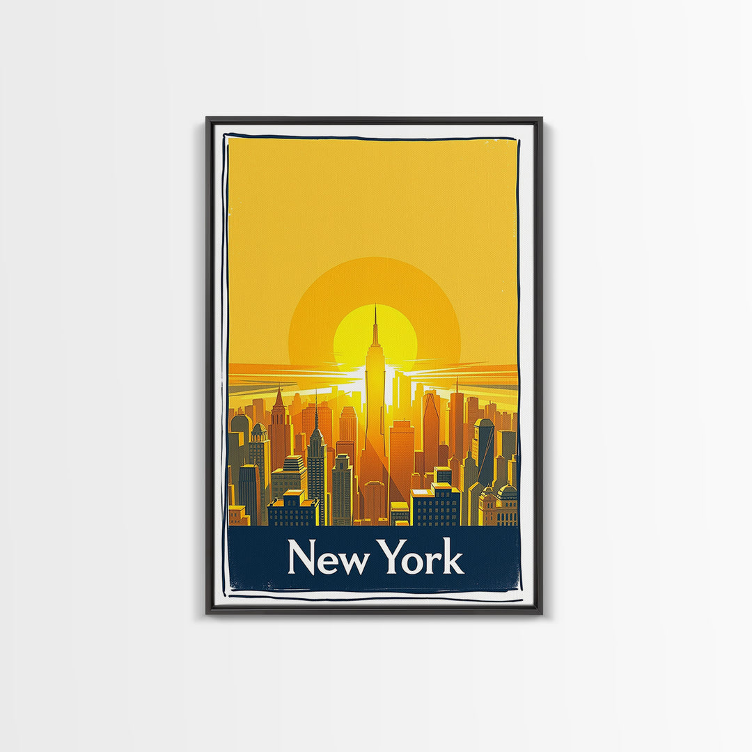 New York Travel Poster, Framed Canvas Print, Golden Travel Poster Art, New York Art Print, City Travel Prints, Watercolor Skyline