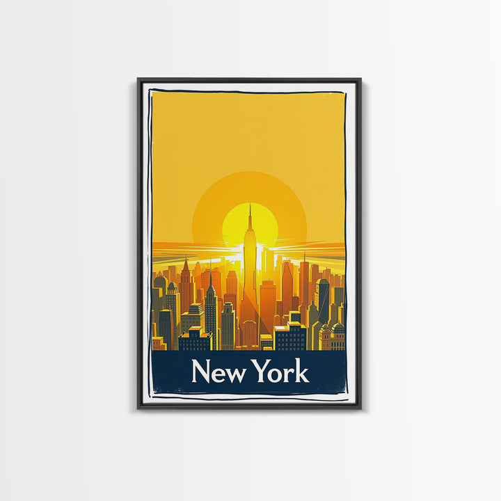 New York Travel Poster, Framed Canvas Print, Golden Travel Poster Art, New York Art Print, City Travel Prints, Watercolor Skyline