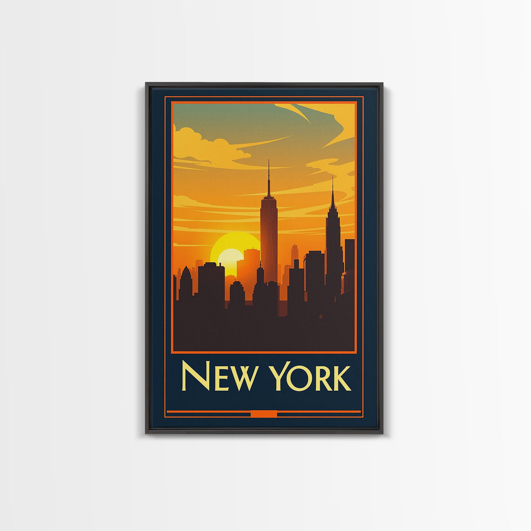 New York Travel Poster, Canvas Print, Warm Sunset Silhouette Art, New York Travel Art, Vintage Travel Art, Mid Century Wall Art