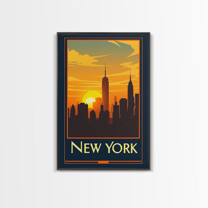 New York Travel Poster, Canvas Print, Warm Sunset Silhouette Art, New York Travel Art, Vintage Travel Art, Mid Century Wall Art