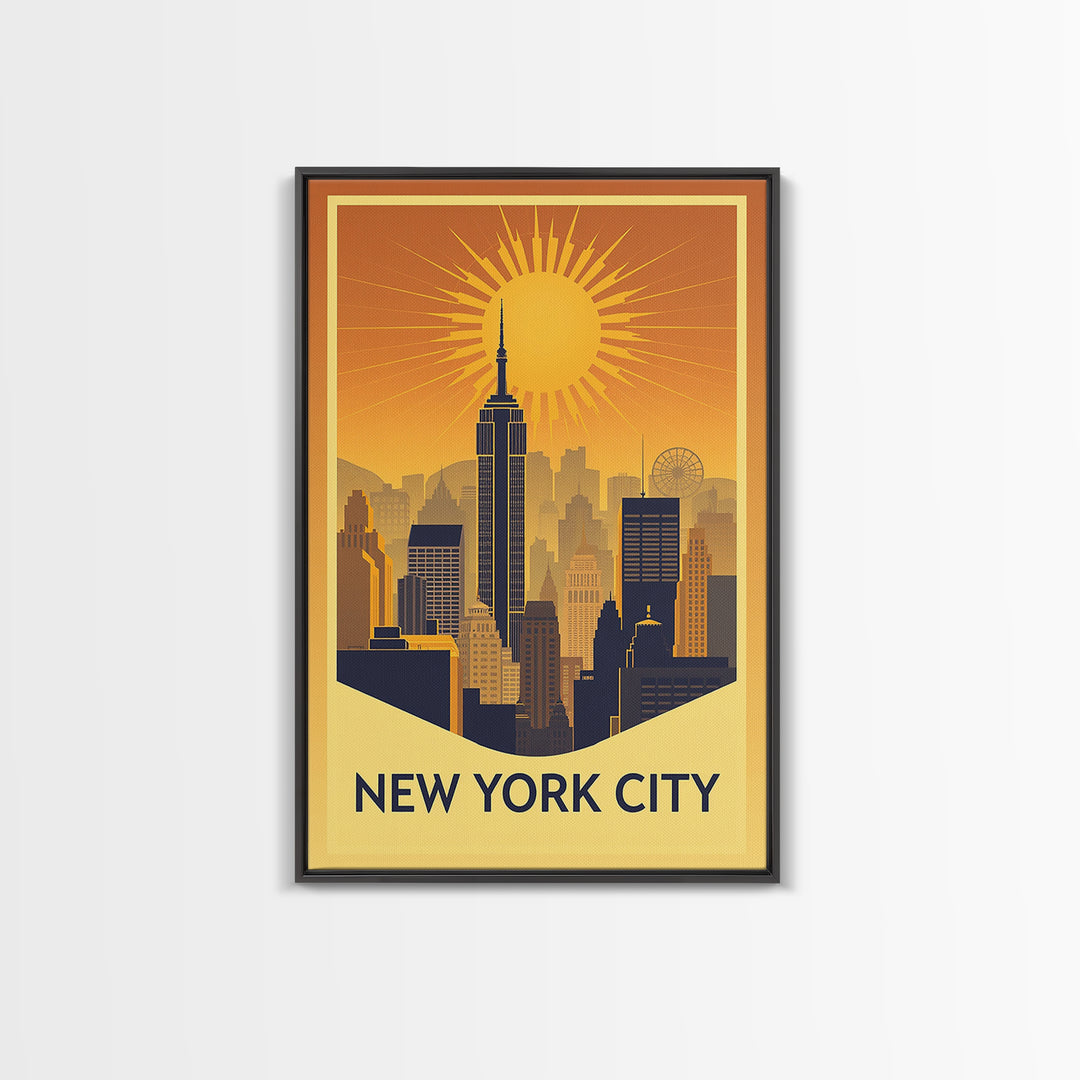 New York Travel Poster, Framed Canvas Print, Warm Sunset Silhouette Art, New York City Art, Travel Poster Set, Mid Century Wall Art