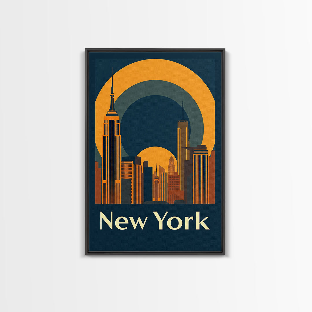 New York Travel Poster, Framed Canvas Print, Warm Sunset Silhouette Art, New York Poster Print, Vintage City Poster, City Travel Prints