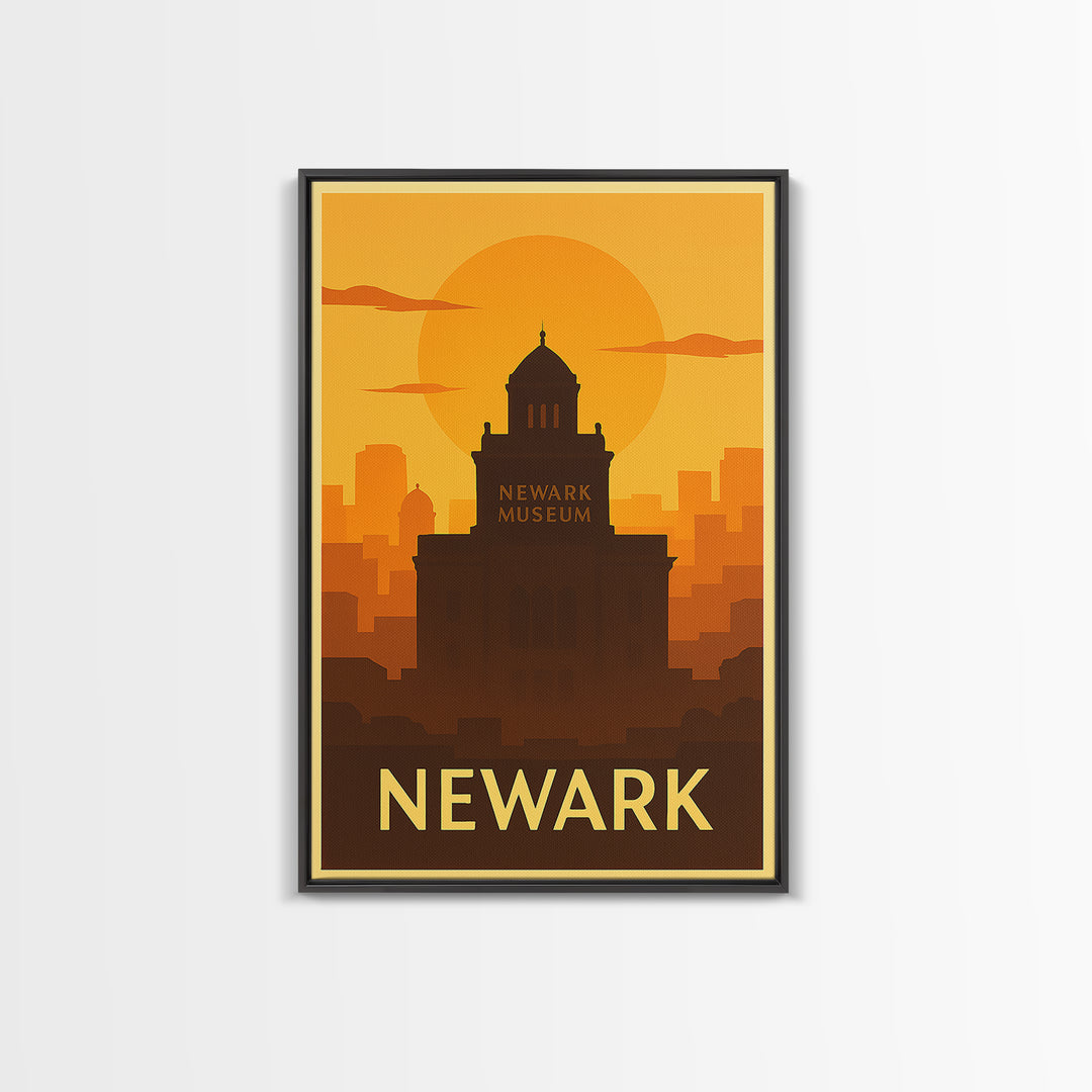 Newark Travel Poster, Framed Canvas Print, Warm Sunset Silhouette Art, Newark City Art, Home Office Decor, Gift For Travelers, Design 2