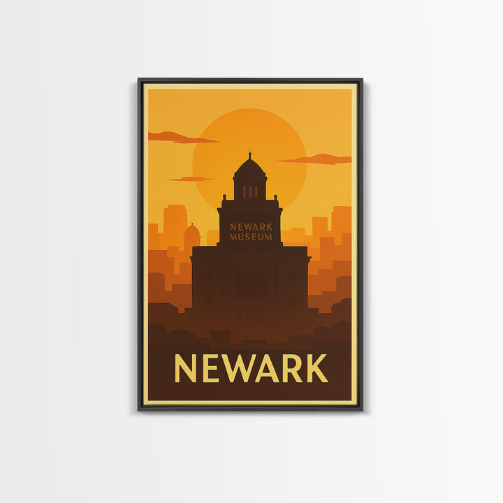 Newark Travel Poster, Framed Canvas Print, Warm Sunset Silhouette Art, Newark City Art, Home Office Decor, Gift For Travelers, Design 2