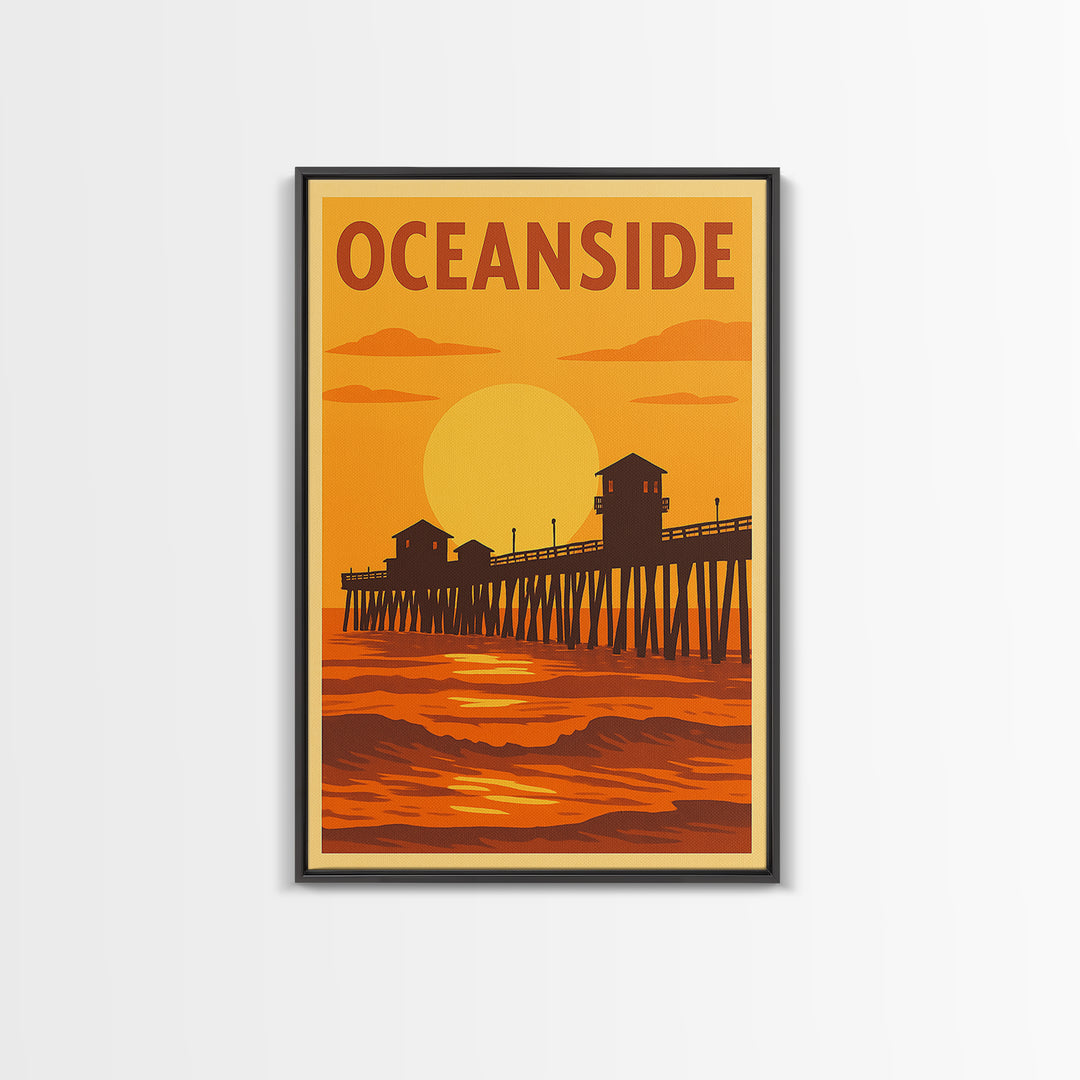 Oceanside California Travel Poster, Canvas Print, Warm Sunset Silhouette Art, Oceanside Poster Print, City Art Print, City Travel Prints