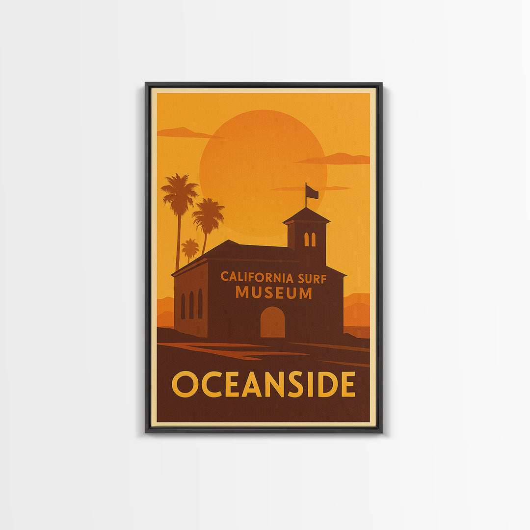 Oceanside Travel Poster, Framed Canvas Print, Warm Sunset Silhouette Art, Oceanside Travel Art, Vintage City Poster, Travel Poster Art