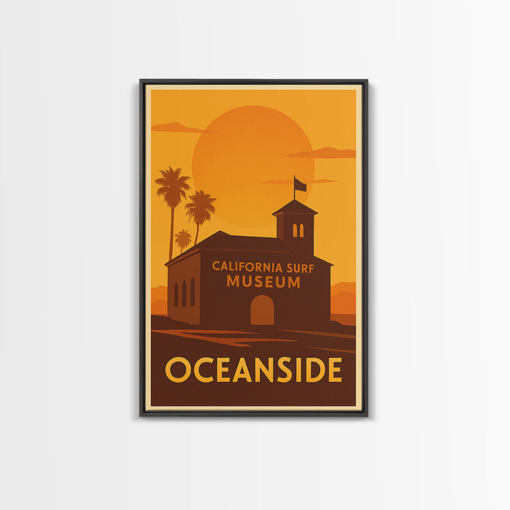 Oceanside Travel Poster, Framed Canvas Print, Warm Sunset Silhouette Art, Oceanside Travel Art, Vintage City Poster, Travel Poster Art