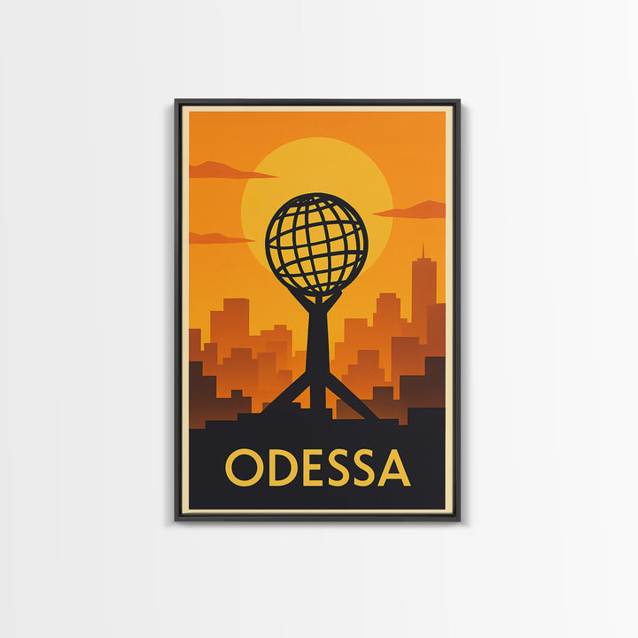 Odessa Travel Poster, Framed Canvas Print, Warm Sunset Silhouette Art, Odessa Poster Print, City Travel Prints, Retro Travel Print