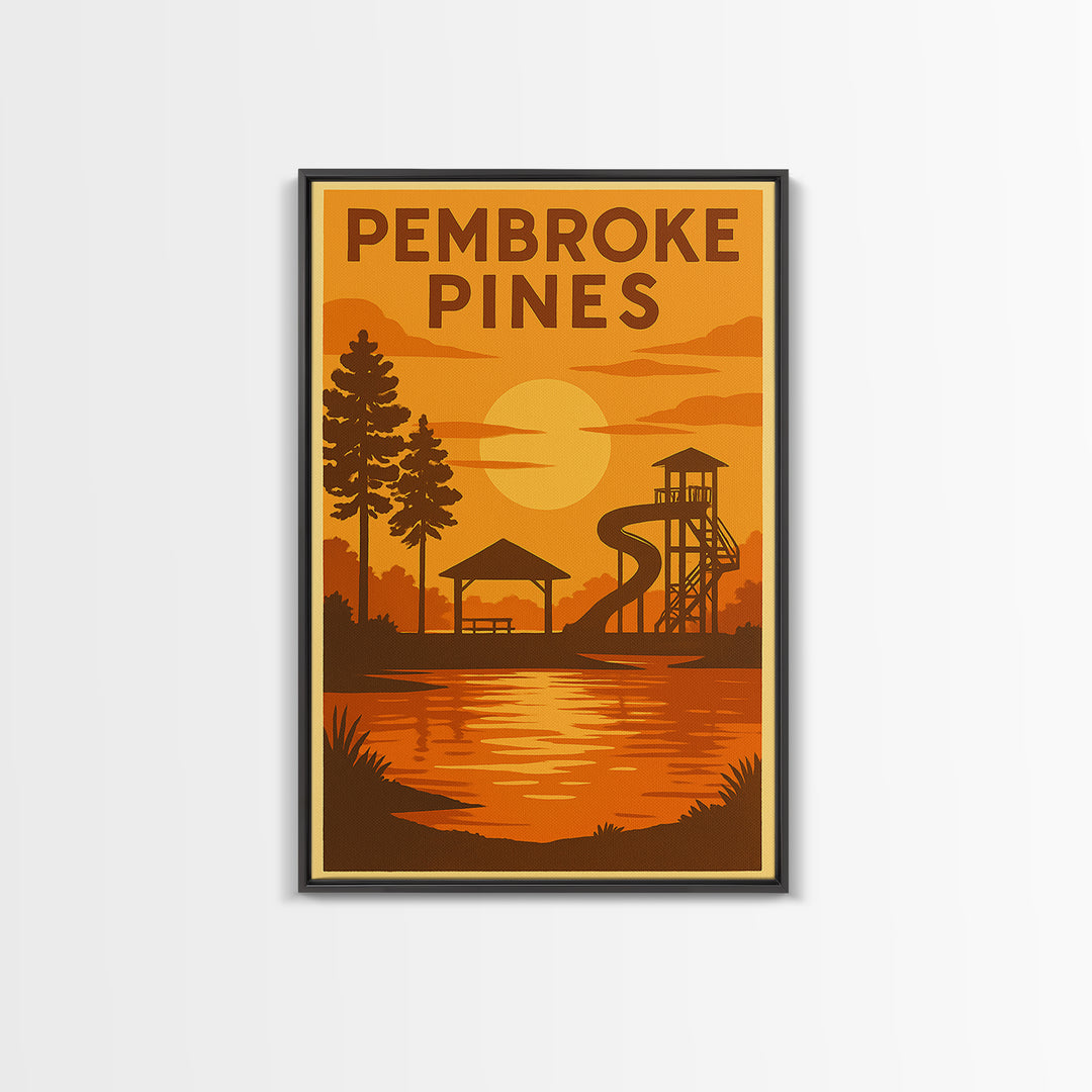 Pembroke Pines Florida Travel Poster, Canvas Print, Warm Sunset Silhouette Art, Pembroke Pines Wall Art, Retro Travel Print, City Poster