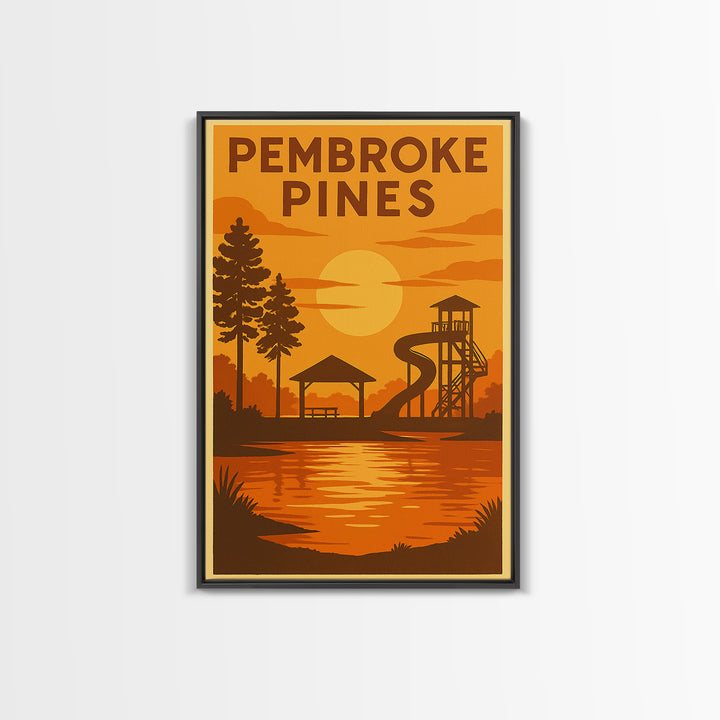 Pembroke Pines Florida Travel Poster, Canvas Print, Warm Sunset Silhouette Art, Pembroke Pines Wall Art, Retro Travel Print, City Poster