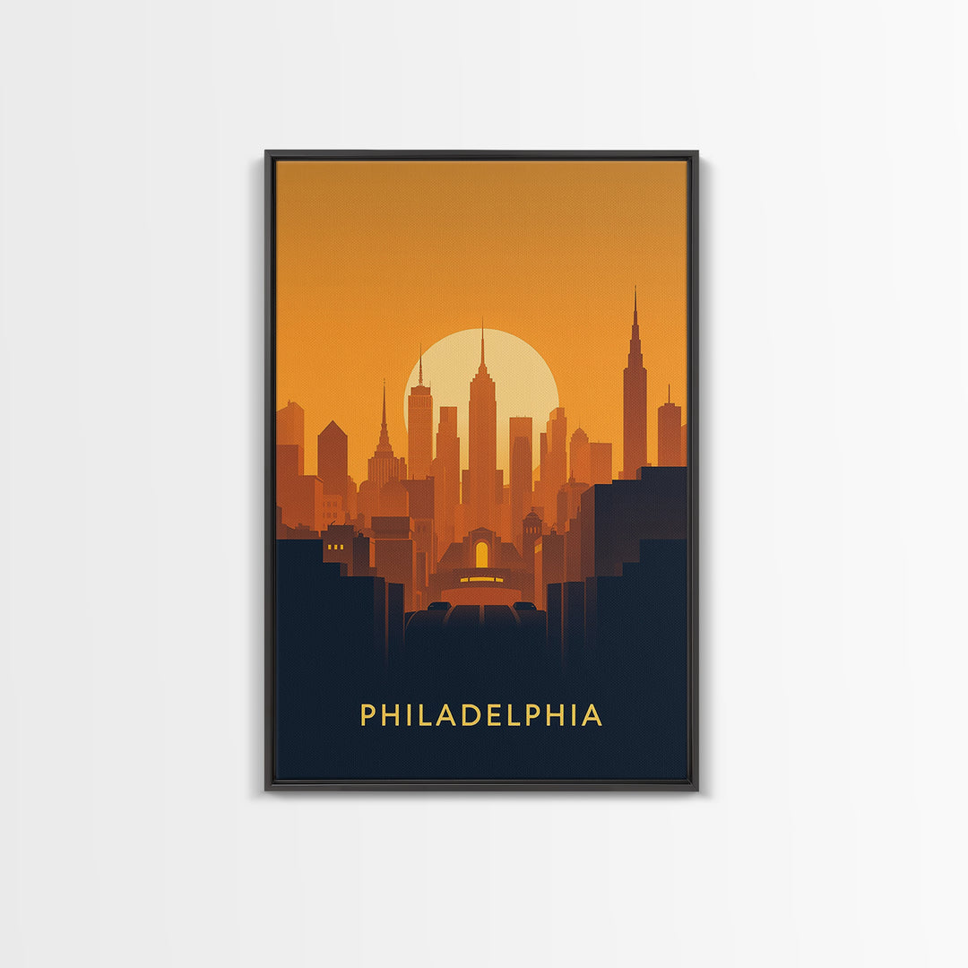 Philadelphia Travel Poster, Framed Canvas Print, Warm Sunset Silhouette Art, Philadelphia Travel Art, Modern Wall Decor, Travel Wall Art