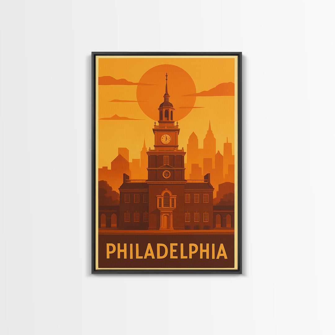 Philadelphia Travel Poster, Canvas Print, Warm Sunset Silhouette Art, Philadelphia Travel Art, Travel Art Print, Living Room Wall Art