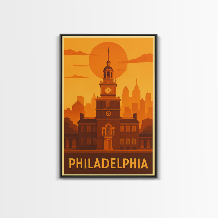 Philadelphia Travel Poster, Canvas Print, Warm Sunset Silhouette Art, Philadelphia Travel Art, Travel Art Print, Living Room Wall Art