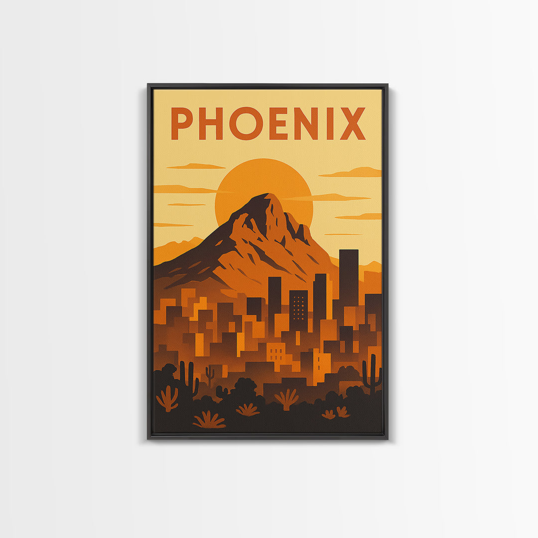 Phoenix Arizona Travel Poster, Framed Canvas Print, Gold Art Deco Poster Art, Phoenix Poster Print, City Travel Prints, Watercolor Skyline