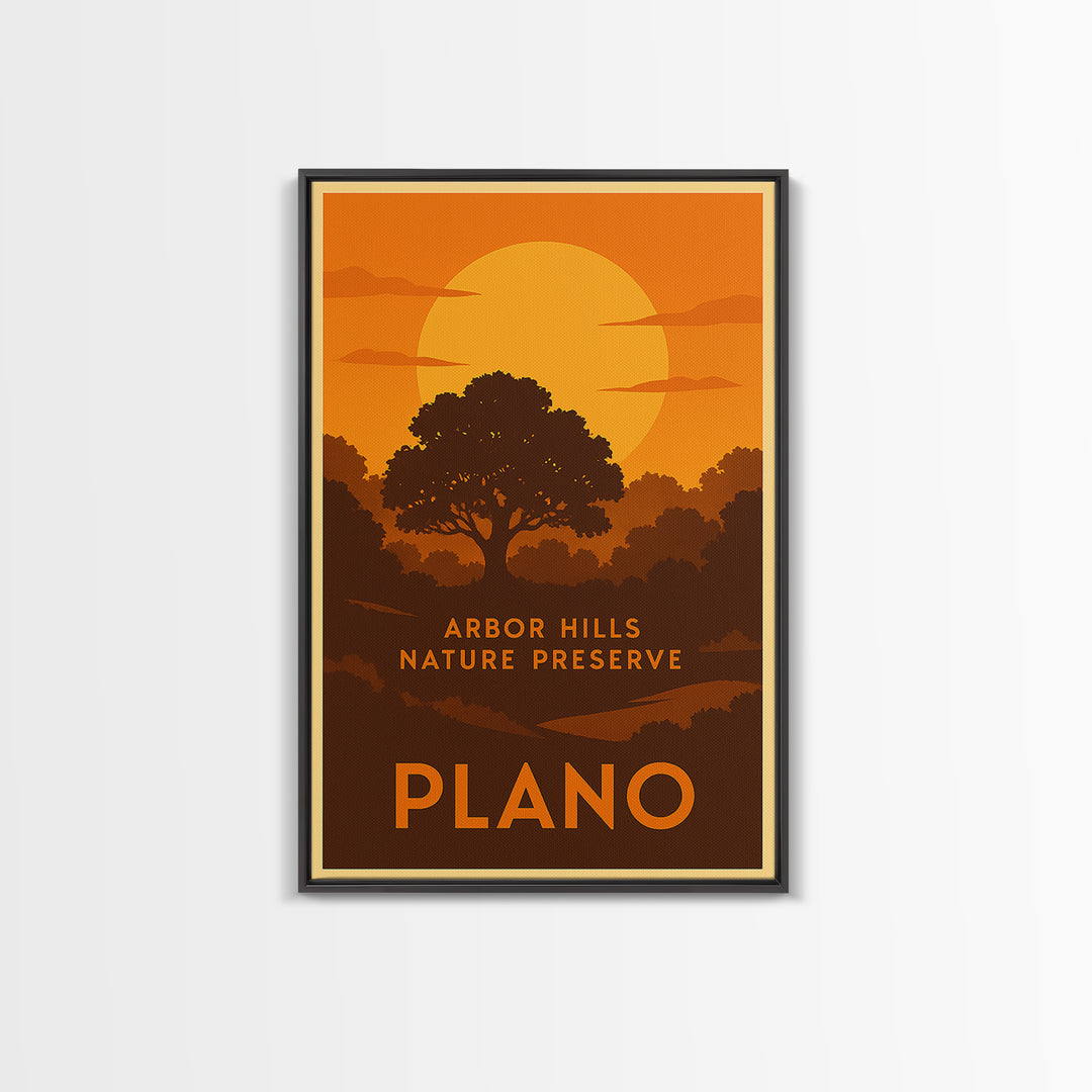 Plano Travel Poster, Framed Canvas Print, Golden Travel Poster Art, Plano Poster Print, Travel Wall Decor, Living Room Wall Art