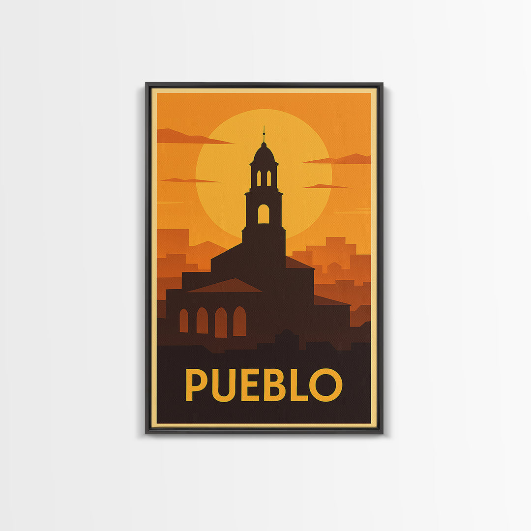 Pueblo Travel Poster, Framed Canvas Print, Gold Art Deco Poster Art, Pueblo City Art, Travel Wall Decor, Home Office Decor, Travel Print