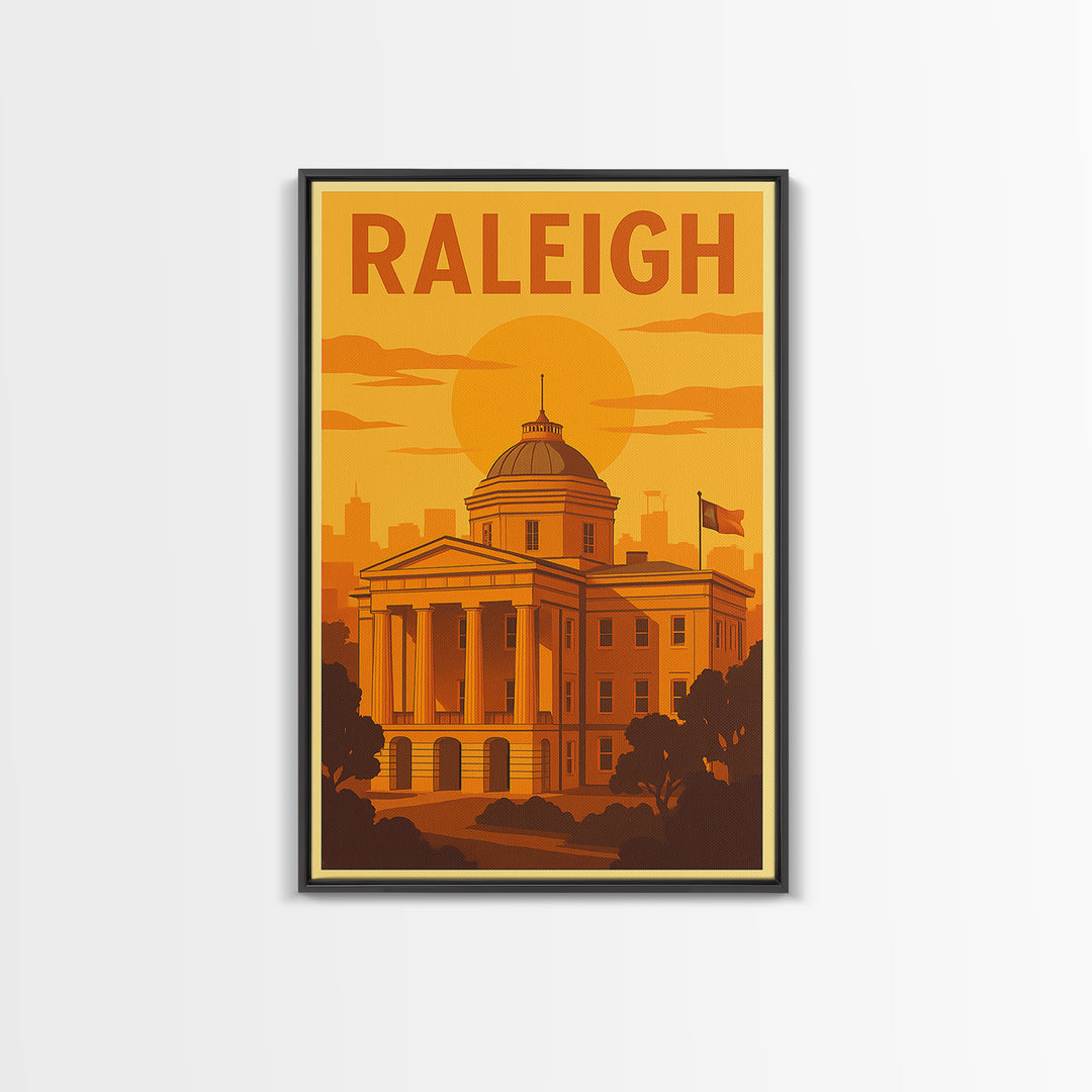 Raleigh North Carolina Travel Poster, Canvas Print, Warm Sunset Silhouette Art, Raleigh City Art, Gift For Travelers, Vintage Travel Art