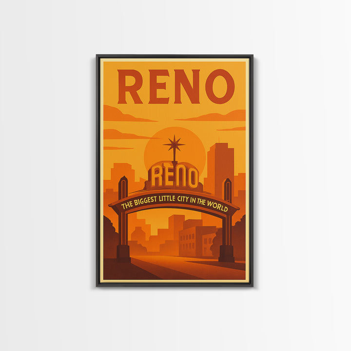 Reno Nevada Travel Poster, Canvas Print, Warm Sunset Silhouette Art, Reno Wall Art, City Art Print, Mid Century Wall Art, City Illustration