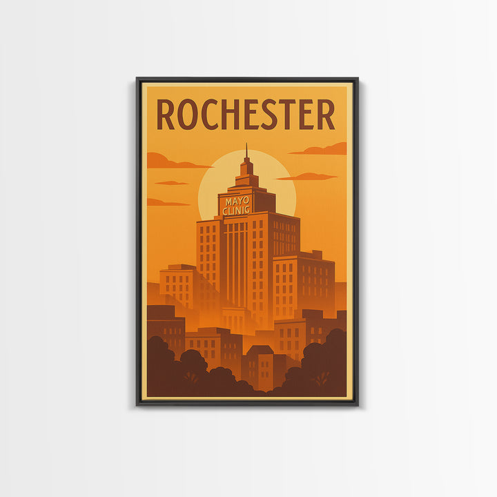 Rochester Travel Poster, Framed Canvas Print, Warm Sunset Silhouette Art, Rochester Art Print, Home Office Decor, Mid Century Wall Art