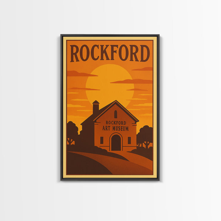 Rockford Illinois Travel Poster, Framed Canvas Print, Gold Art Deco Poster Art, Rockford City Art, City Illustration, Vintage City Poster