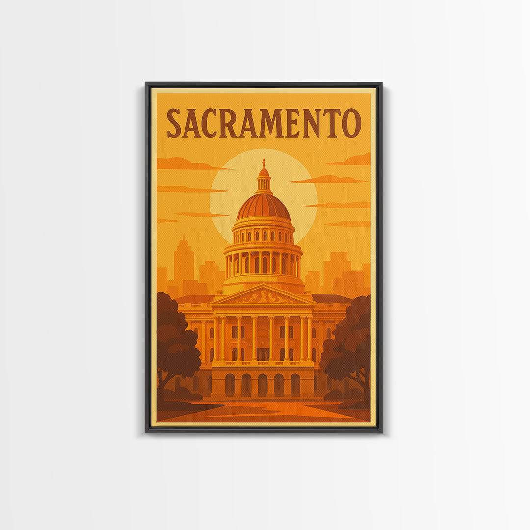 Sacramento California Travel Poster, Canvas Print, Golden Travel Poster Art, Sacramento Travel Art, Wall Art, Watercolor Downtown Skyline