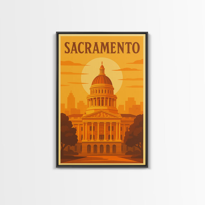 Sacramento California Travel Poster, Canvas Print, Golden Travel Poster Art, Sacramento Travel Art, Wall Art, Watercolor Downtown Skyline