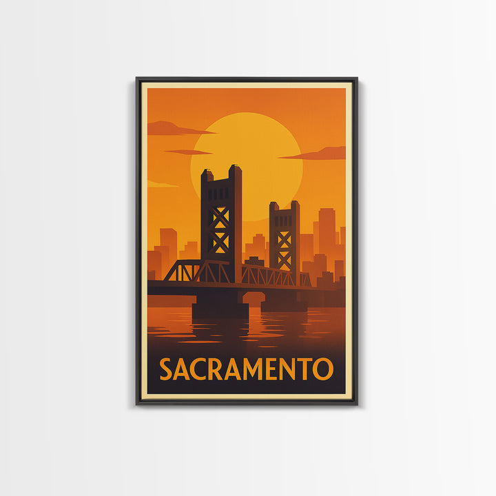 Sacramento Travel Poster, Framed Canvas Print, Warm Sunset Silhouette Art, Sacramento Art Print, City Travel Prints, Fine Art Print