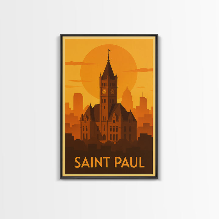 Saint Paul Travel Poster, Framed Canvas Print, Warm Sunset Silhouette Art, Saint Paul City Art, Travel Poster Set, Travel Poster Art