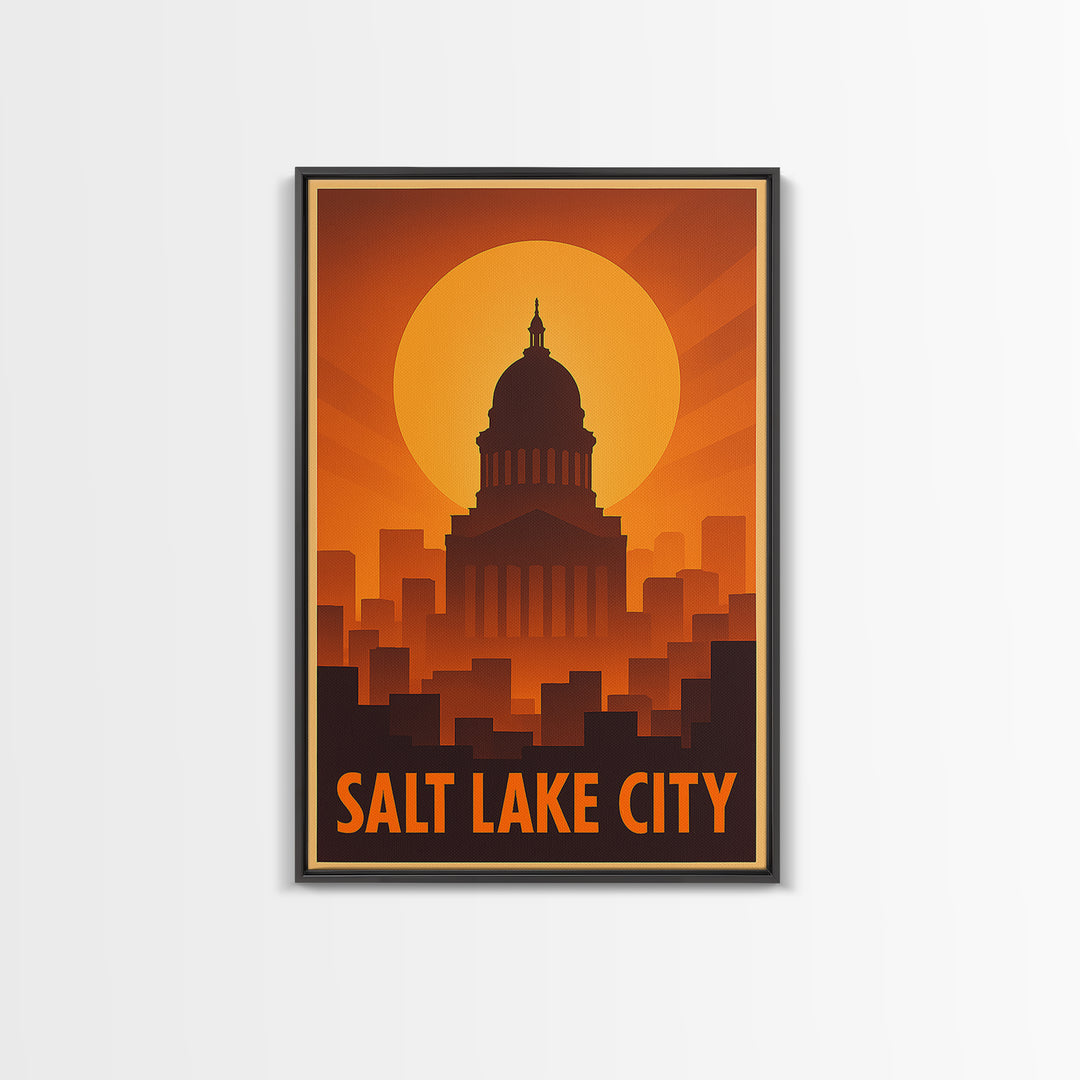 Salt Lake City Travel Poster, Framed Canvas Print, Warm Sunset Silhouette Art, Salt Lake City Travel Art, Home Office Decor, City Poster