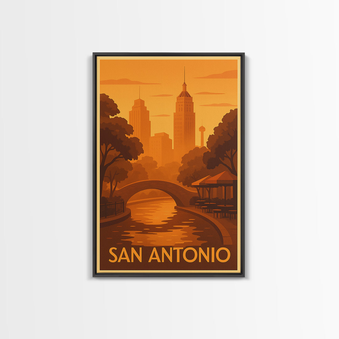 San Antonio Travel Poster, Canvas Print, Warm Sunset Silhouette Art, San Antonio Art Print, Modern Wall Decor, Travel Poster Set