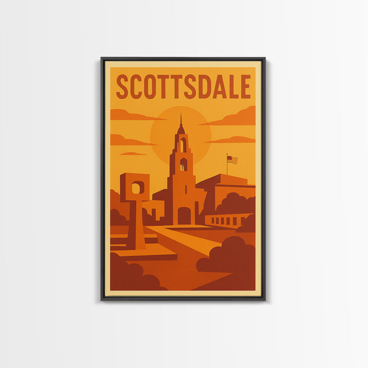 Scottsdale Arizona Travel Poster, Canvas Print, Warm Sunset Silhouette Art, Scottsdale Art Print, Mid Century Wall Art, Vintage Travel Print