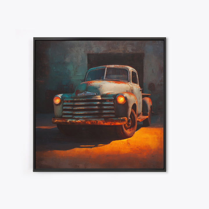 Pickup Truck in Dusty Sunset Light Framed Canvas Print, Garage Art, Tattoo Art, Garage Decor, Oil Painting, Motor, GAR-1x1-37