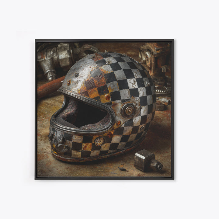 Racing Helmet with Checkered Flag Pattern Framed Canvas Print, Garage Art, Garage Art Pinup, Garage Decor, Fine Art, Motor, GAR-1x1-68