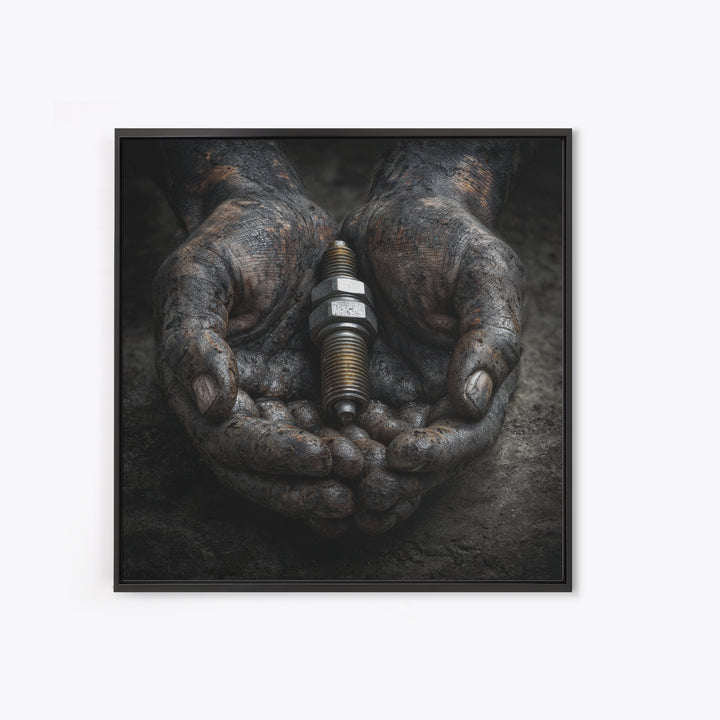 Mechanic Hands Holding a Spark Plug Framed Canvas Print, Garage Art, Gallery Decor, Garage Decor, Fine Art, Motor, GAR-1x1-78