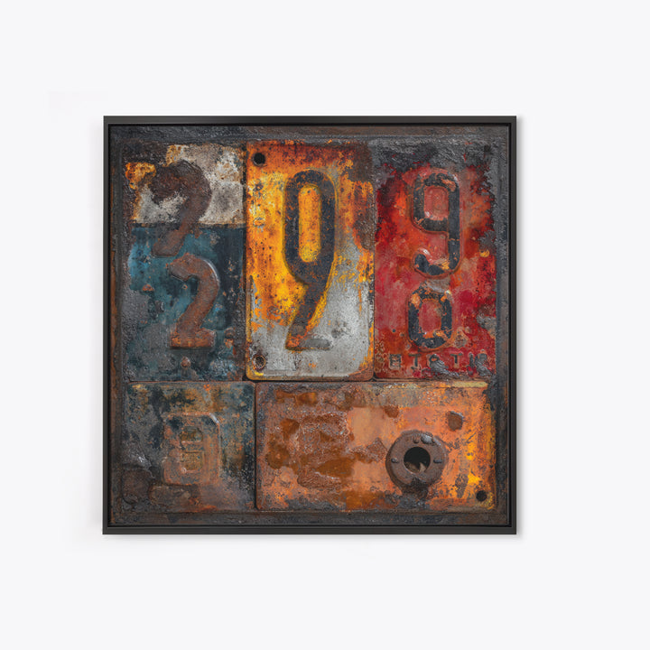 Rusty License Plate Collage Framed Canvas Print, Garage Art, Modern Decor, Garage Decor, Fine Art, Motor, Home Decor, GAR-1x1-80