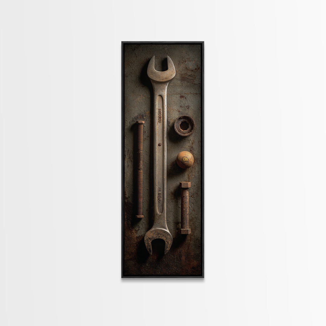 Wrench and Bolts Arranged Like Old Master Canvas Print, Garage Art, Tattoo Art, Garage Decor, Fine Art, Motor, Minimalist Decor, GAR-1x3-78