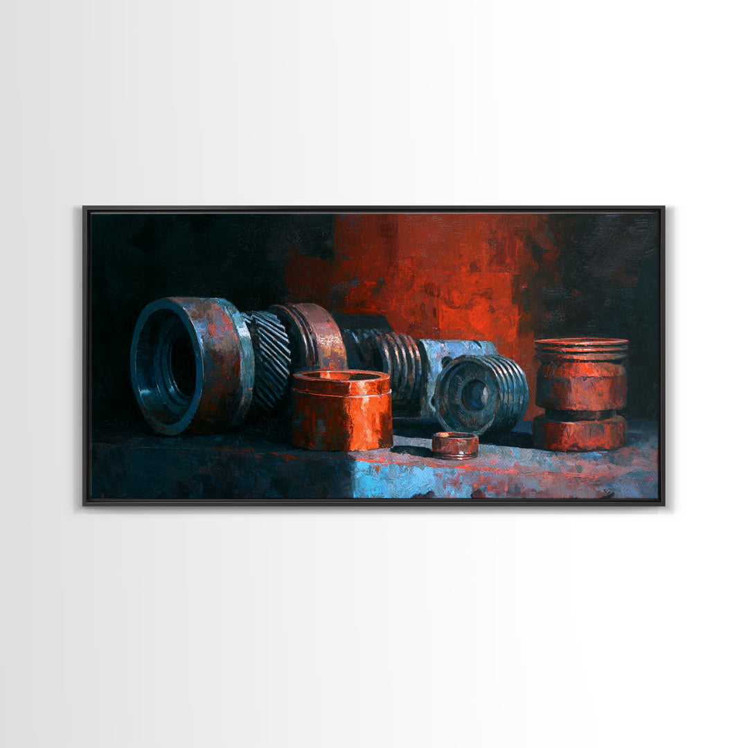 Camshaft and Gears Industrial Still Life Framed Canvas Print, Garage Art, Game Room Decor, Garage Decor, Fine Art, Motor, GAR-2x1-11