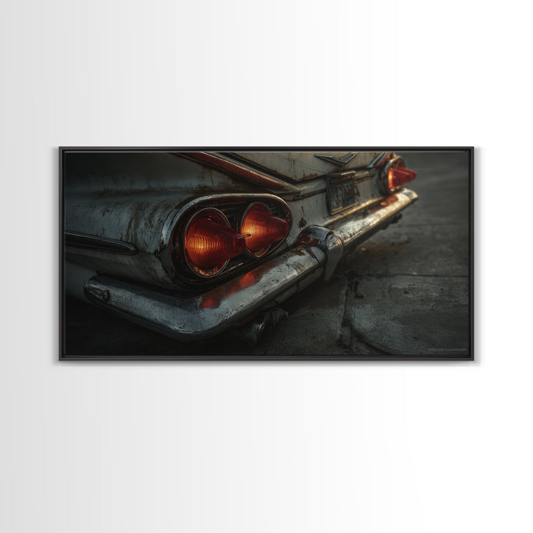 Classic Car Tail Lights Glowing at Dusk Framed Canvas Print, Garage Art, Art Print, Garage Decor, Motor, Canvas Wall Art, GAR-2x1-12