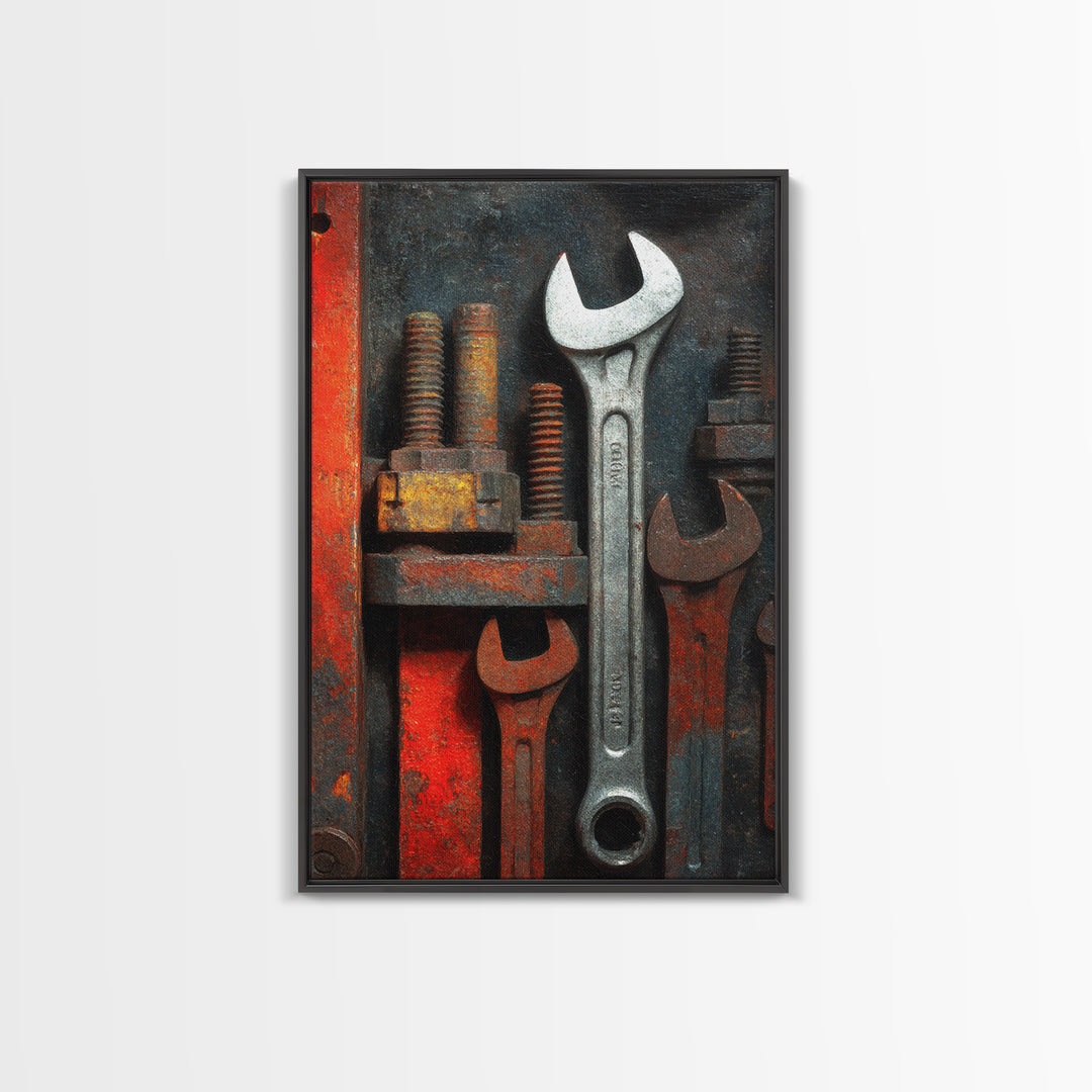 Wrench and Bolts Arranged Like Old Master Framed Canvas Print, Garage Art, Boho Decor, Garage Decor, Abstract Art, Motor, GAR-2x3-2