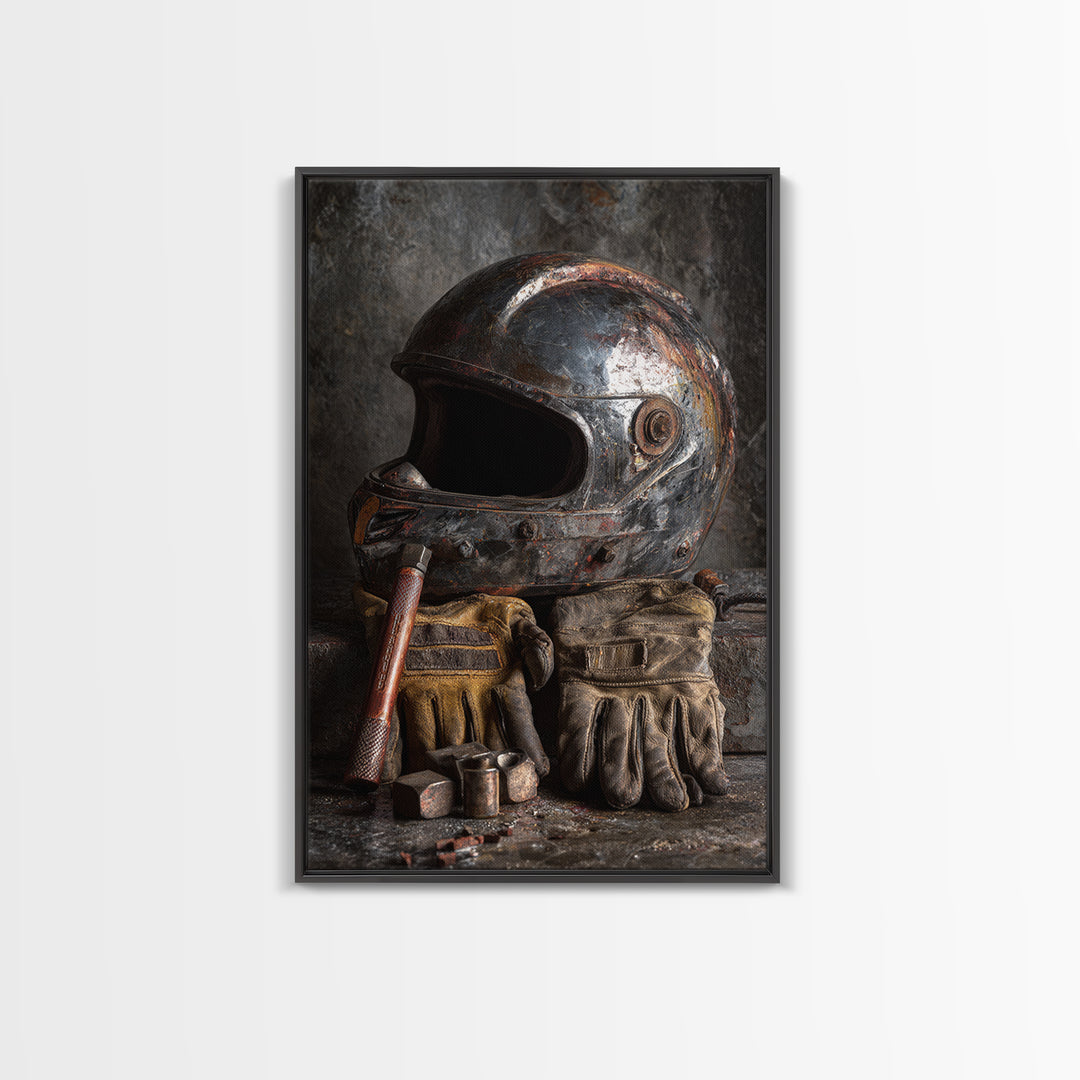 Motorcycle Helmet and Leather Gloves Still Life Framed Canvas Print, Garage Art, Decor, Garage Decor, Abstract Art, Motor, GAR-2x3-41