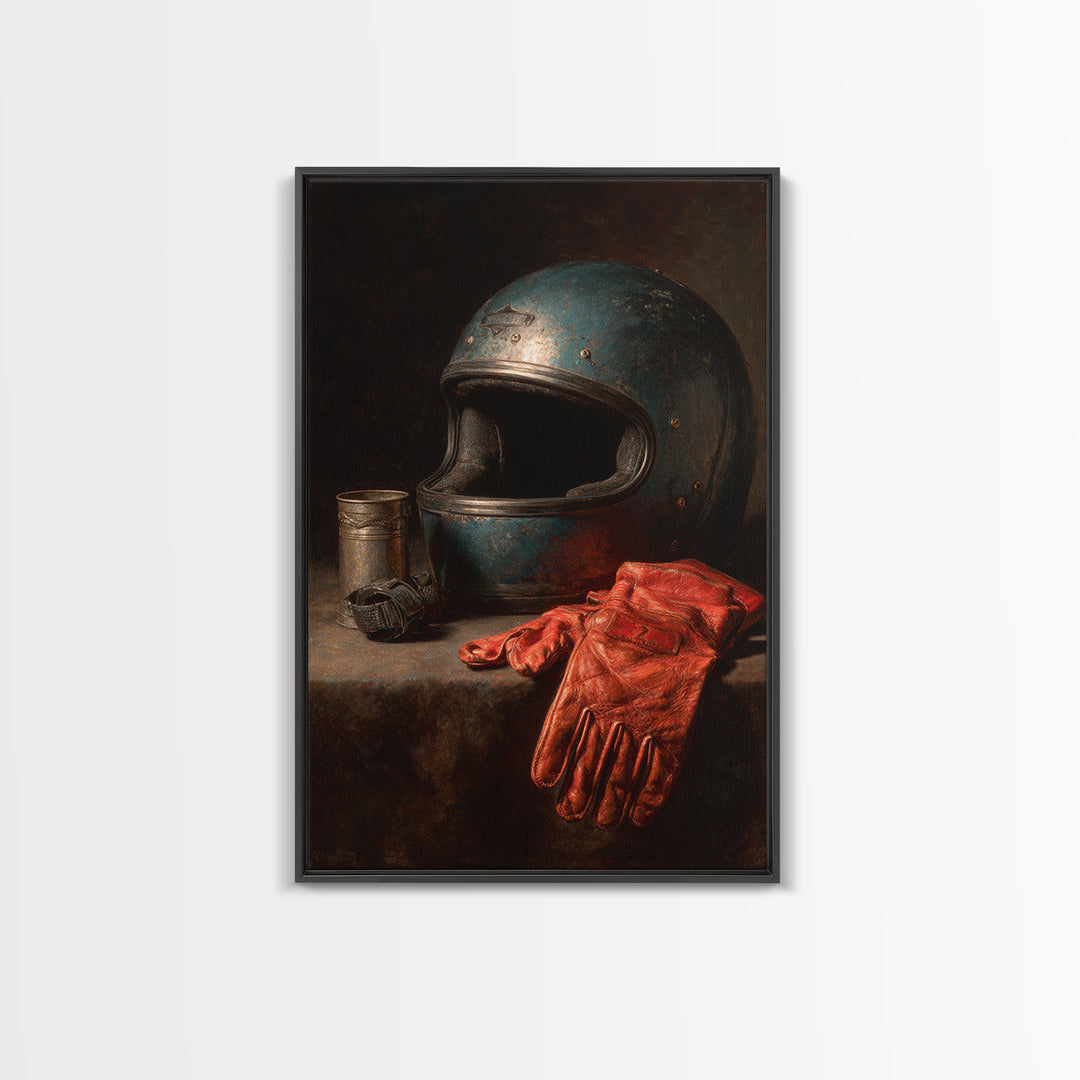 Motorcycle Helmet and Leather Gloves Still Life Canvas Print, Garage Art, Canvas Print, Garage Decor, Fine Art, Motor, GAR-2x3-65