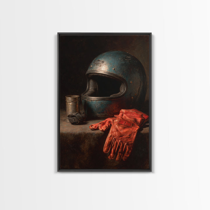 Motorcycle Helmet and Leather Gloves Still Life Canvas Print, Garage Art, Canvas Print, Garage Decor, Fine Art, Motor, GAR-2x3-65