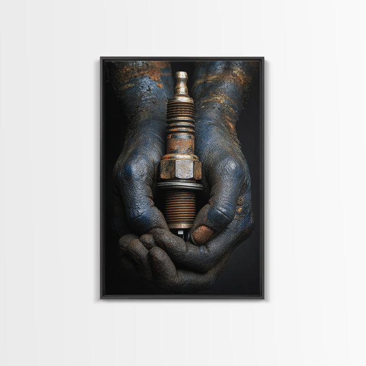 Mechanic Hands Holding a Spark Plug Canvas Print, Garage Art, Garage Decor, Abstract Art, Motor, Game Room Decor, GAR-2x3-86