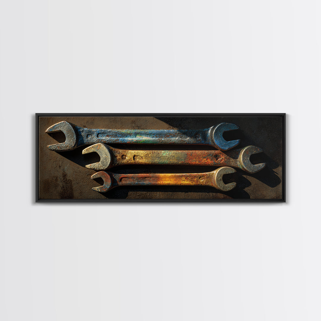 Wrench and Bolts Arranged Like Old Master Framed Canvas Print, Garage Art, Home Decor, Garage Decor, Fine Art, Motor, GAR-3x1-10