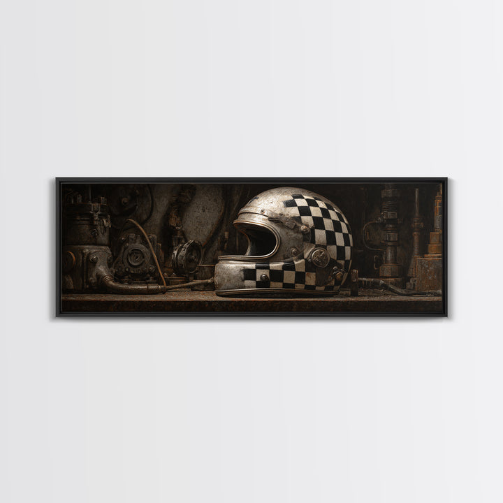 Racing Helmet with Checkered Flag Pattern Framed Canvas Print, Garage Art, Automotive Decor, Garage Decor, Fine Art, Motor, GAR-3x1-12