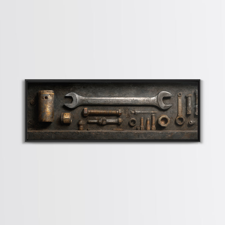 Wrench and Bolts Arranged Like Old Master Canvas Print, Garage Art, Canvas Wall Art, Garage Decor, Abstract Art, Motor, GAR-3x1-34