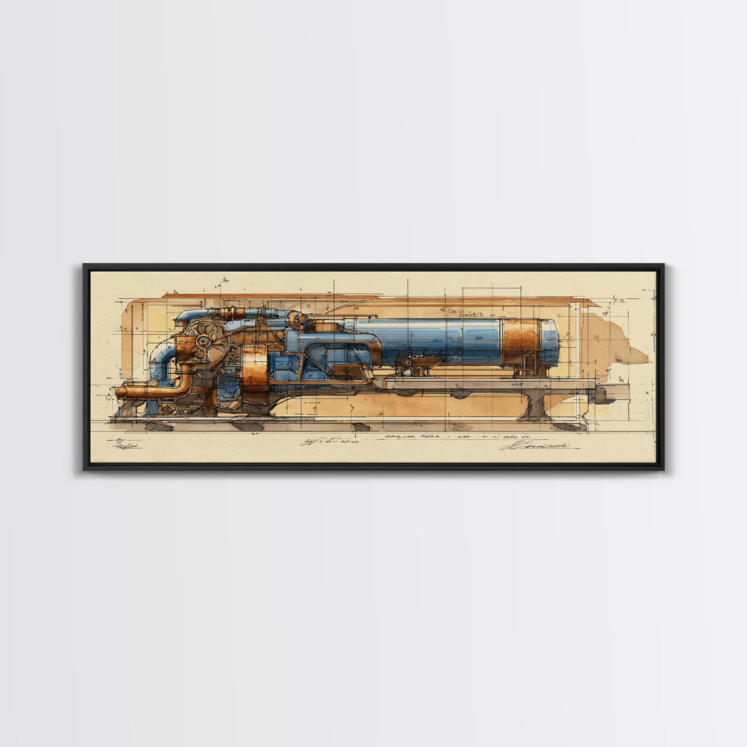 Engine Blueprint Technical Drawing Framed Canvas Print, Garage Art, Decor, Garage Decor, Fine Art, Motor, Car Wall Art, GAR-3x1-51
