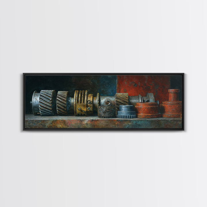 Camshaft and Gears Industrial Still Life Framed Canvas Print, Garage Art, Contemporary Art, Garage Decor, Fine Art, Motor, GAR-3x1-55